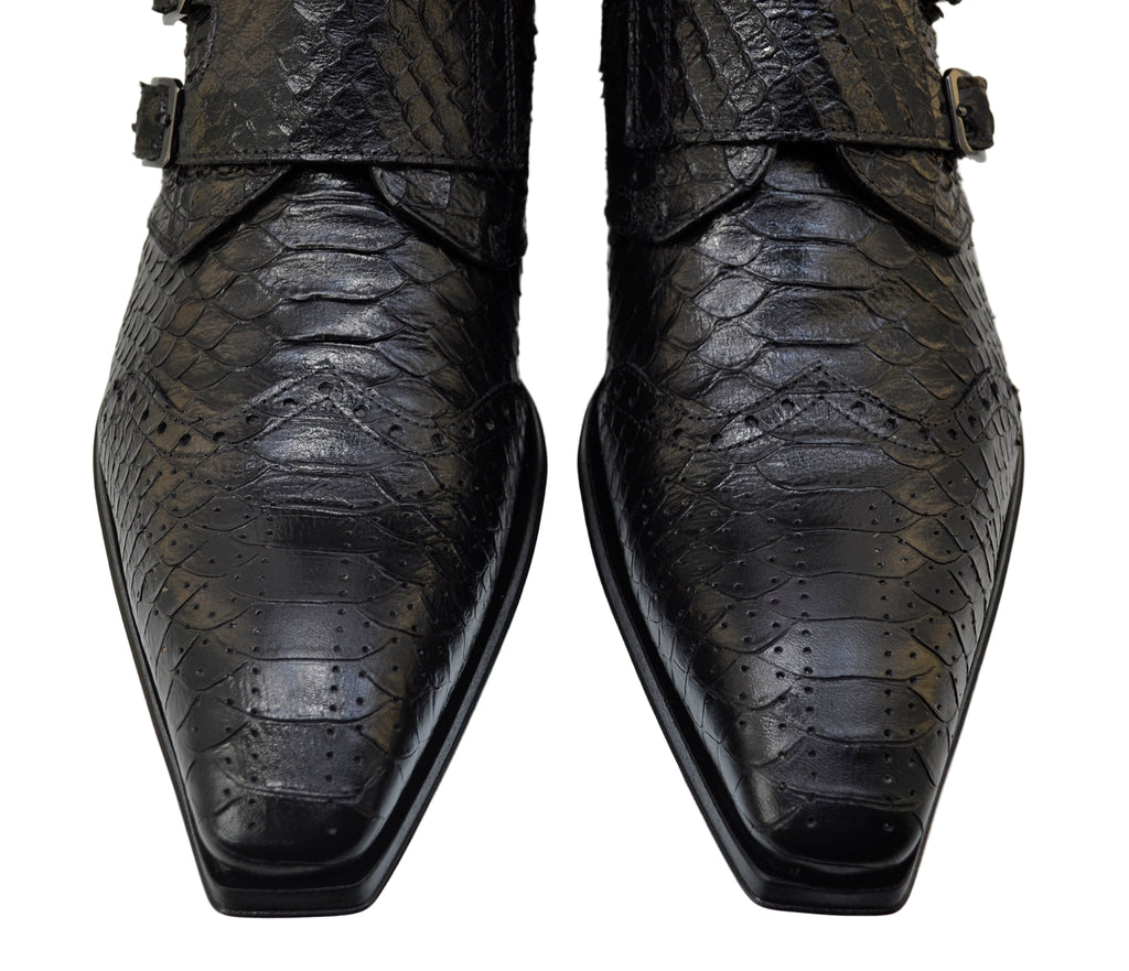Men's Italian Boots Jo Ghost 5611 Black Print Python Leather Ankle Buckle Boots