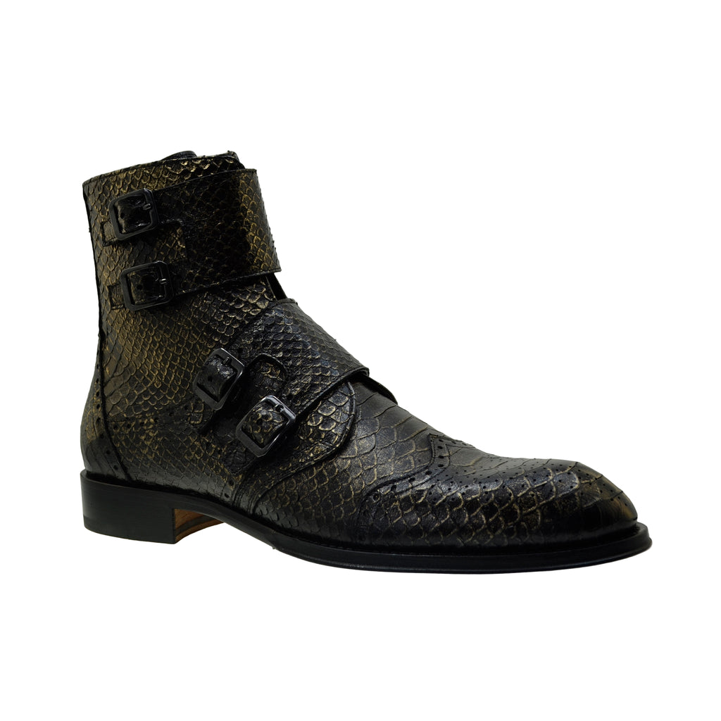 Men's Italian Boots Jo Ghost 5611 Gold Print Python Leather Buckle Ankle Boots