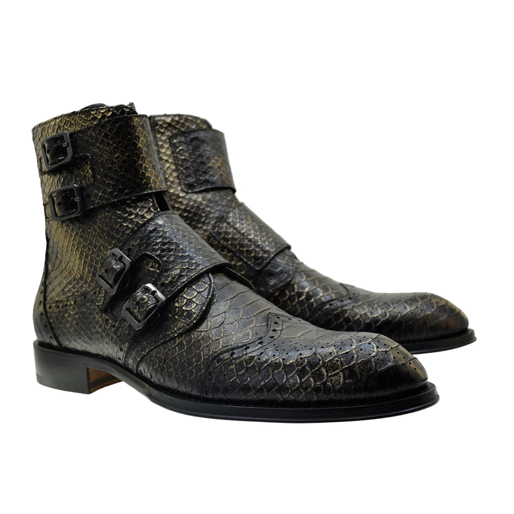 Men's Italian Boots Jo Ghost 5611 Gold Print Python Leather Buckle Ankle Boots