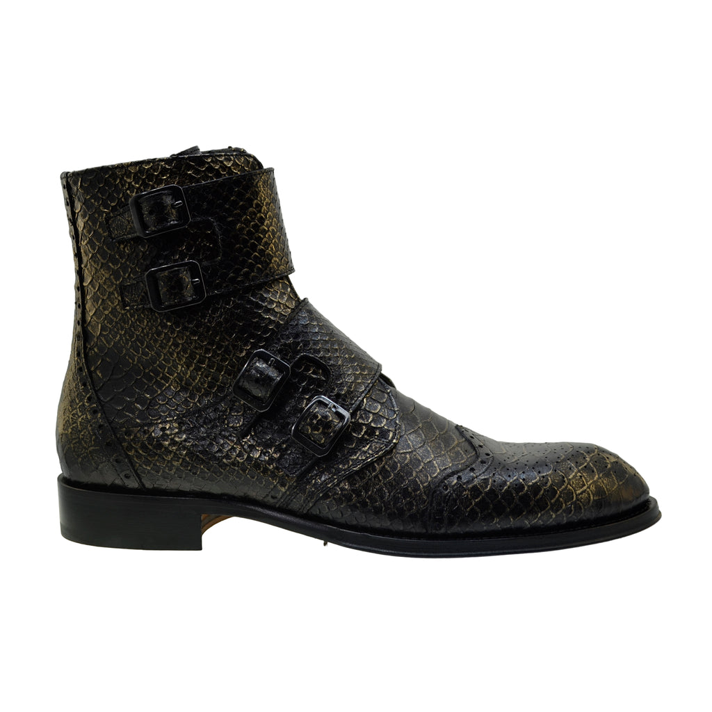 Men's Italian Boots Jo Ghost 5611 Gold Print Python Leather Buckle Ankle Boots