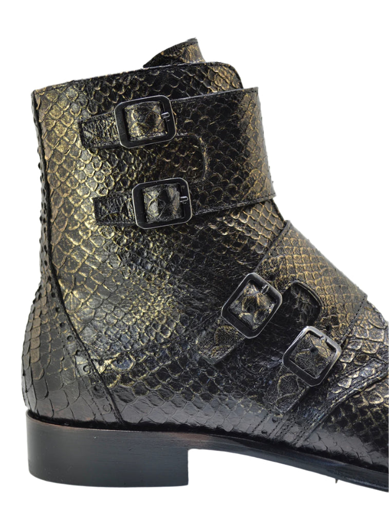 Men's Italian Boots Jo Ghost 5611 Gold Print Python Leather Buckle Ankle Boots