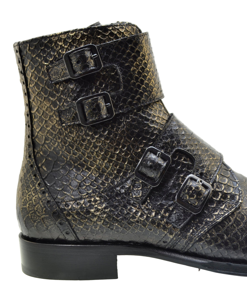 Men's Italian Boots Jo Ghost 5611 Gold Print Python Leather Buckle Ankle Boots
