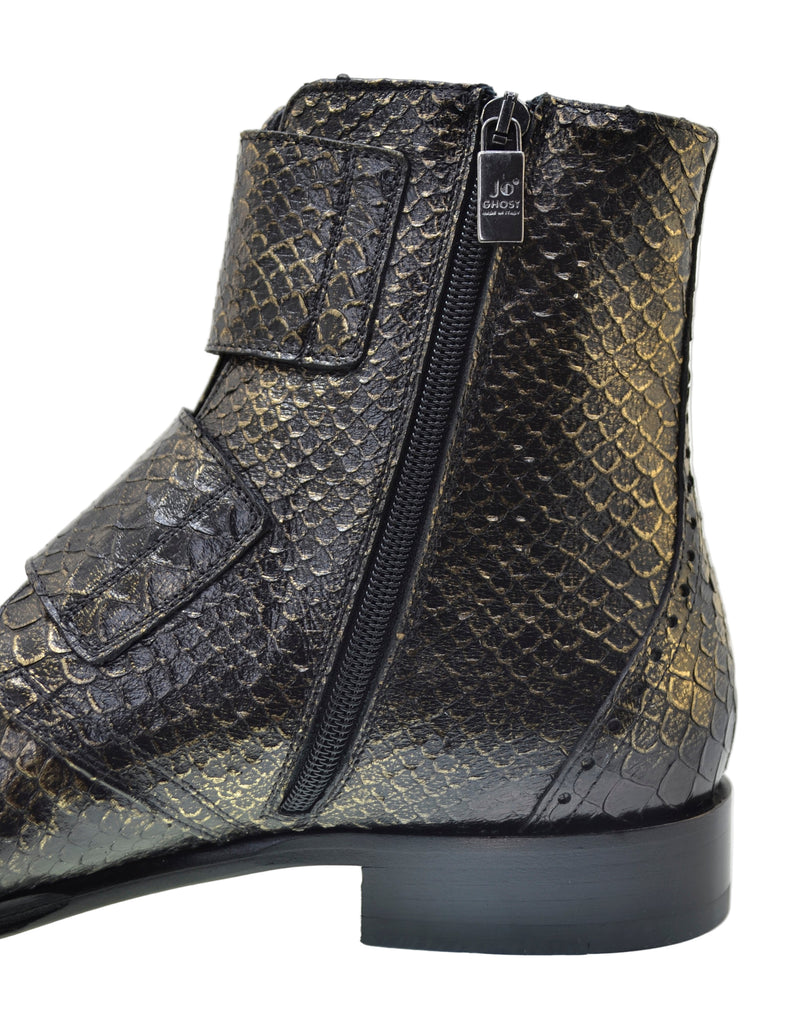 Men's Italian Boots Jo Ghost 5611 Gold Print Python Leather Buckle Ankle Boots