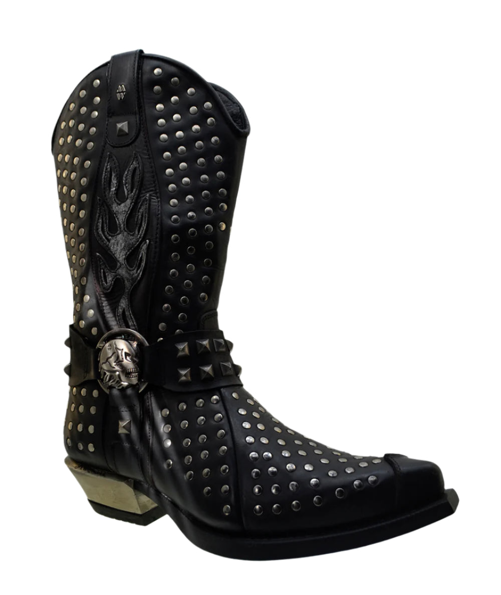 Men's Cowboy Boots Newrock M7954-S1 Harness Black Leather Metal Stud Metal Cuban Heel