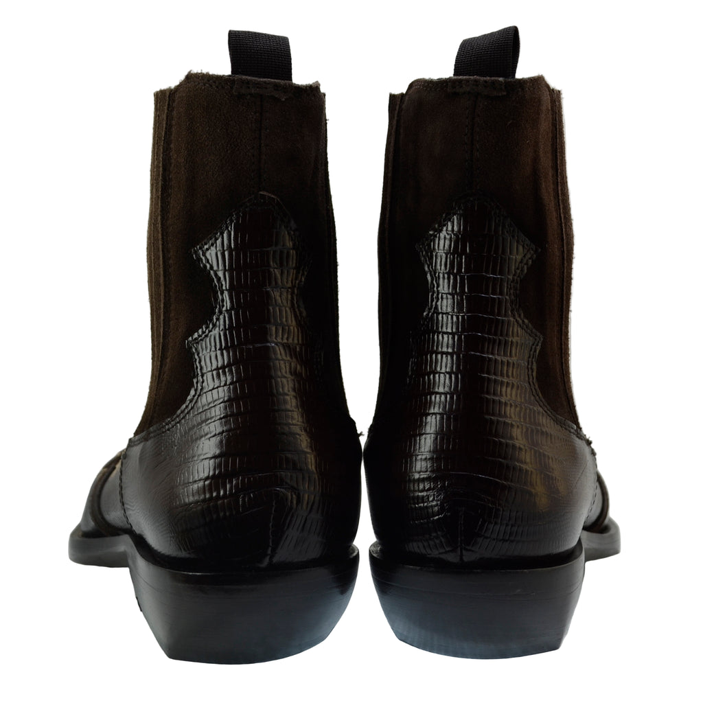 Men's Italian Boots Jo Ghost 5370 Cognac Suede Print Lizard Leather Western Ankle Boots