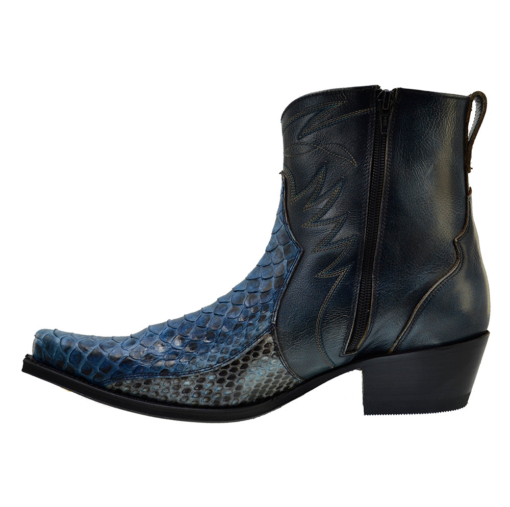 Men's Cowboy Boots Sendra 10165P Blue Leather Blue Python Skin Cuban Heel