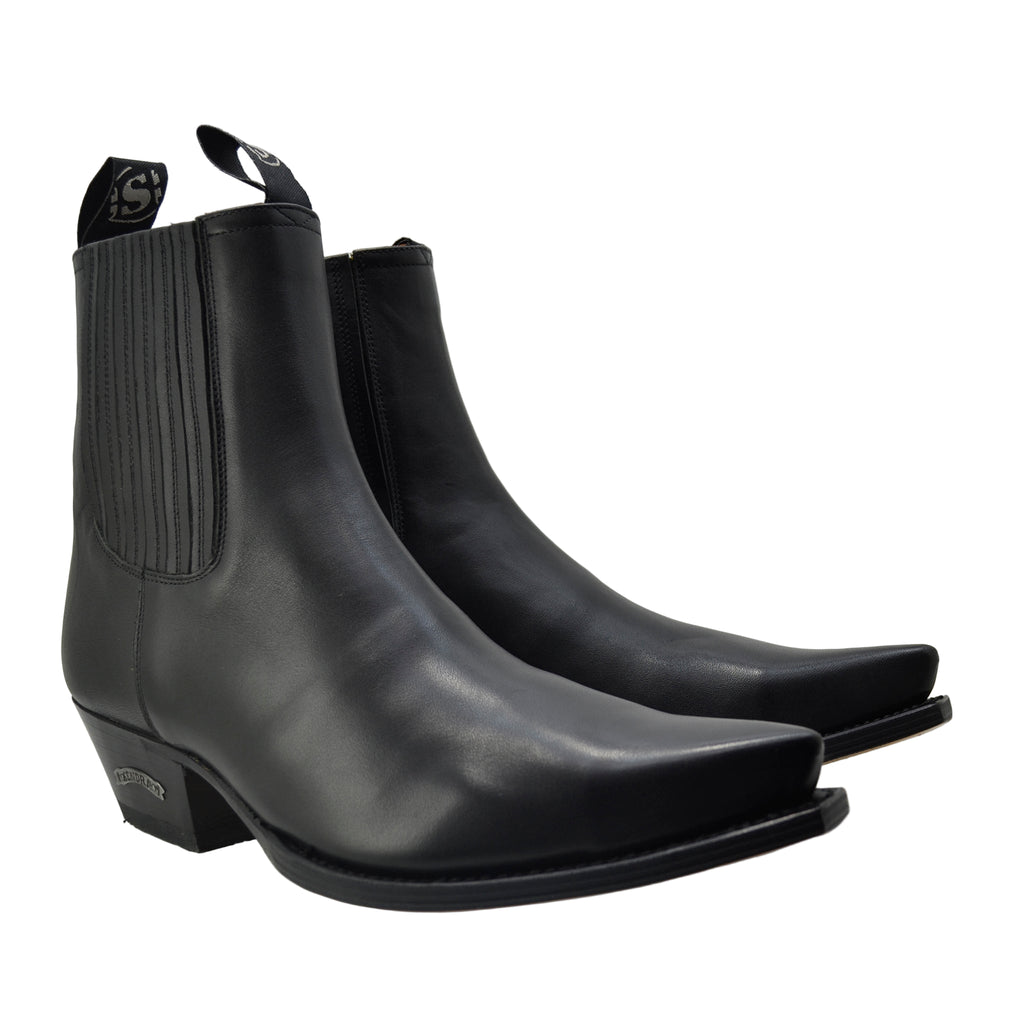 Men's Cowboy Boots Sendra 1692 West Black Leather Cuban Heel Pull up Ankle Boots