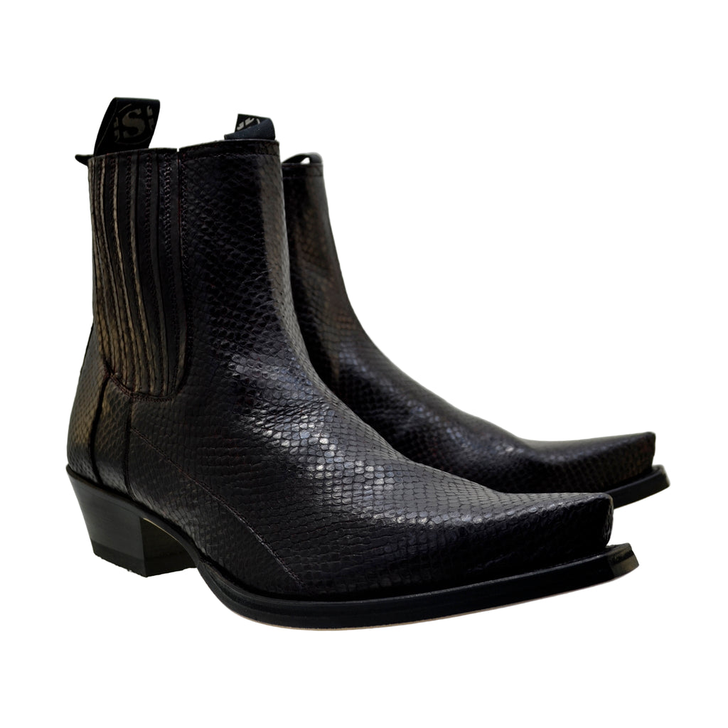 Men's Cowboy Boots Sendra 1692P Print Python Leather Black Hint Red Pull up Ankle Boots