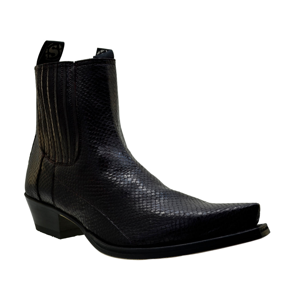 Men's Cowboy Boots Sendra 1692P Print Python Leather Black Hint Red Pull up Ankle Boots
