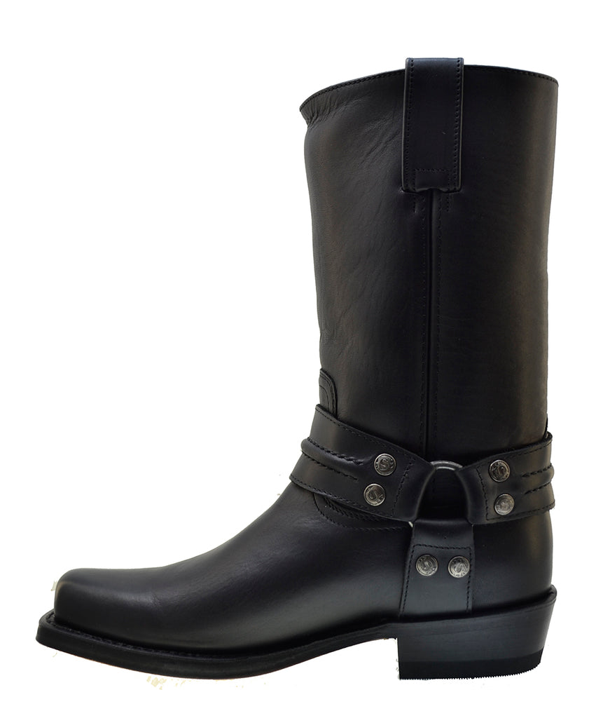 Sendra 2380 Black Leather Cuban Heel Square Toe Harness Mid Calf Biker Boots