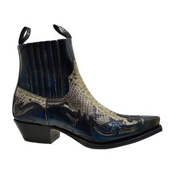 Sendra 4660P Denver Blue Leather Natural Print Python Ankle Cowboy Boots