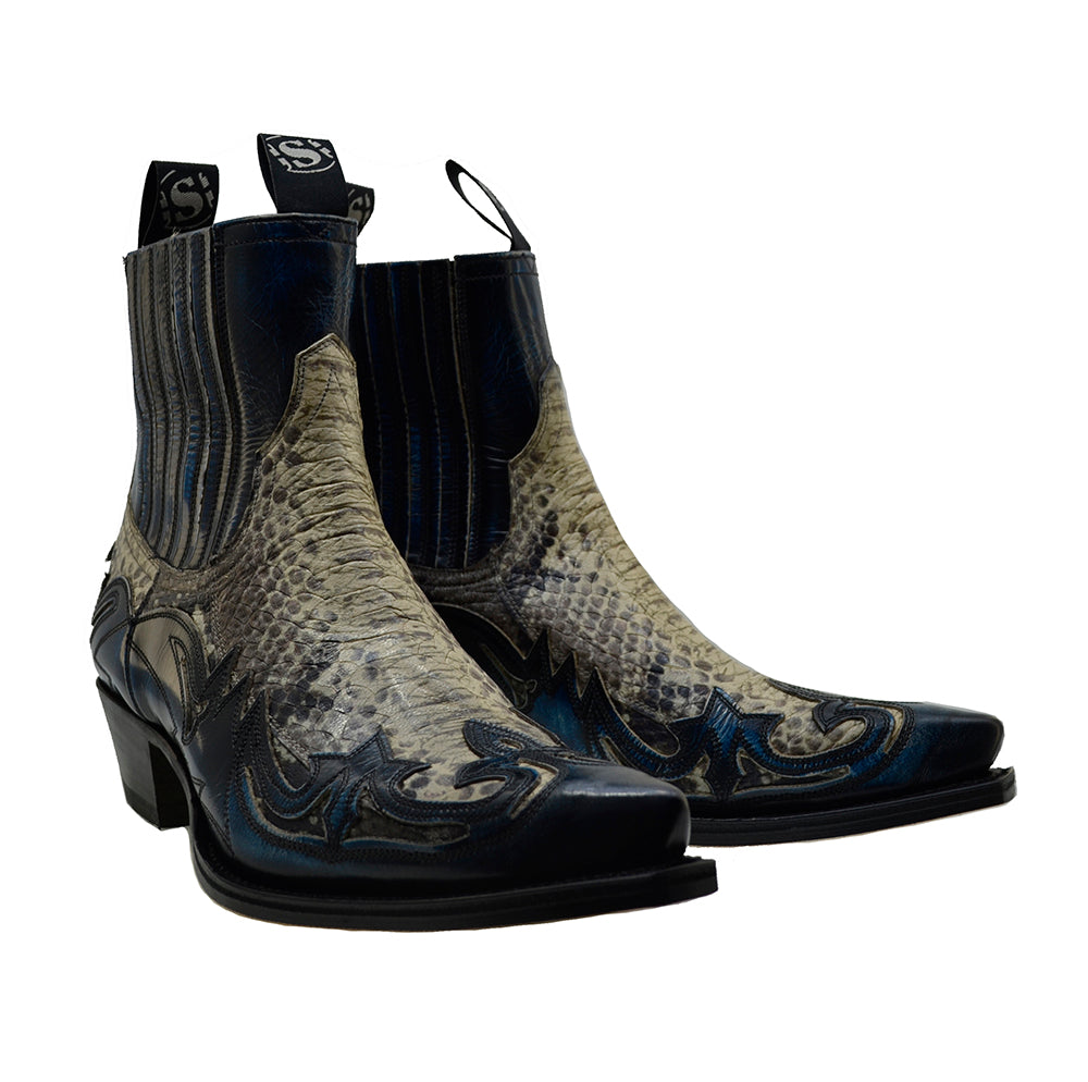 Sendra 4660P Denver Blue Leather Natural Print Python Ankle Cowboy Boots