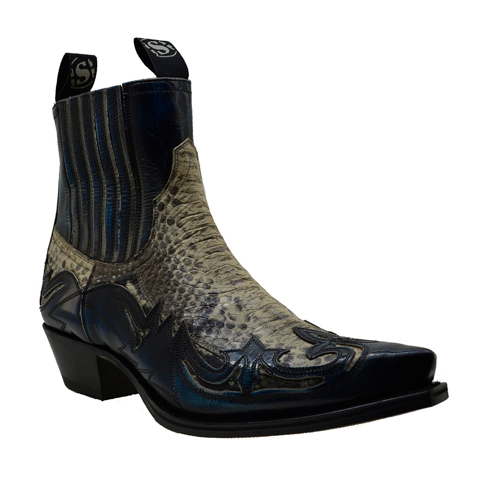 Sendra 4660P Denver Blue Leather Natural Print Python Ankle Cowboy Boots