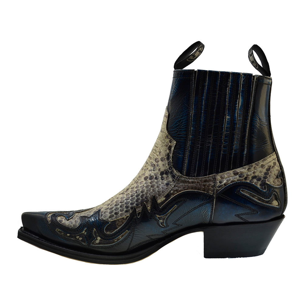 Sendra 4660P Denver Blue Leather Natural Print Python Ankle Cowboy Boots