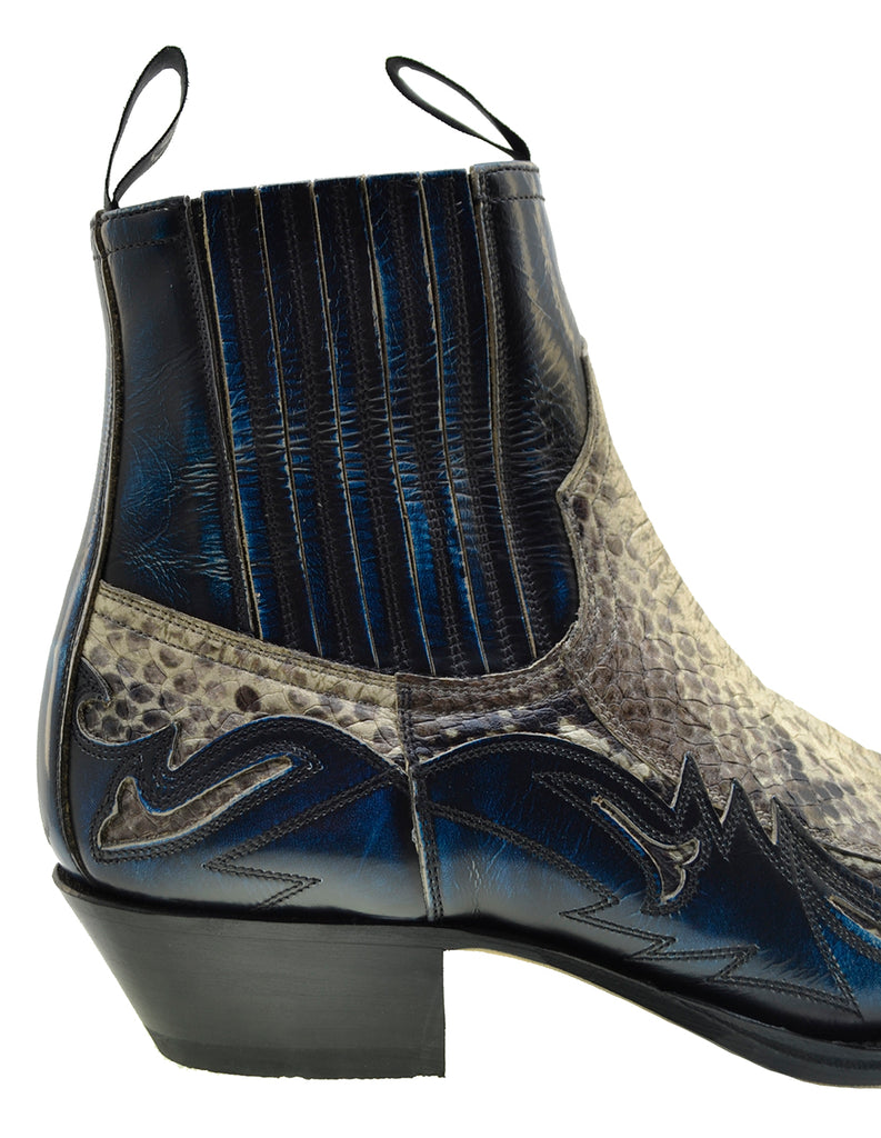 Sendra 4660P Denver Blue Leather Natural Print Python Ankle Cowboy Boots