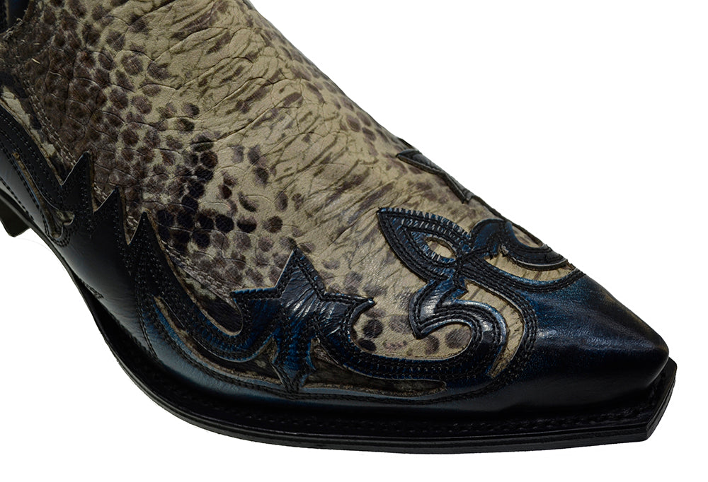 Sendra 4660P Denver Blue Leather Natural Print Python Ankle Cowboy Boots