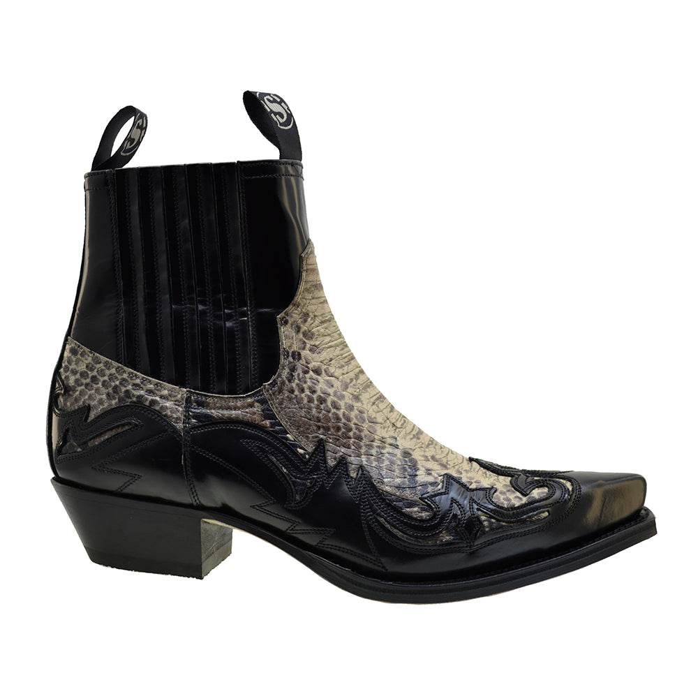 Men's Cowboy Boots Sendra 4660P Black Leather Natural Print Python Cuban Heel