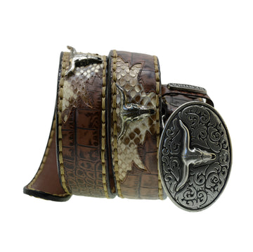 Men's Belt Sendra 512 Print Crocodile Brown Leather Natural Python Skin Toro Buckle