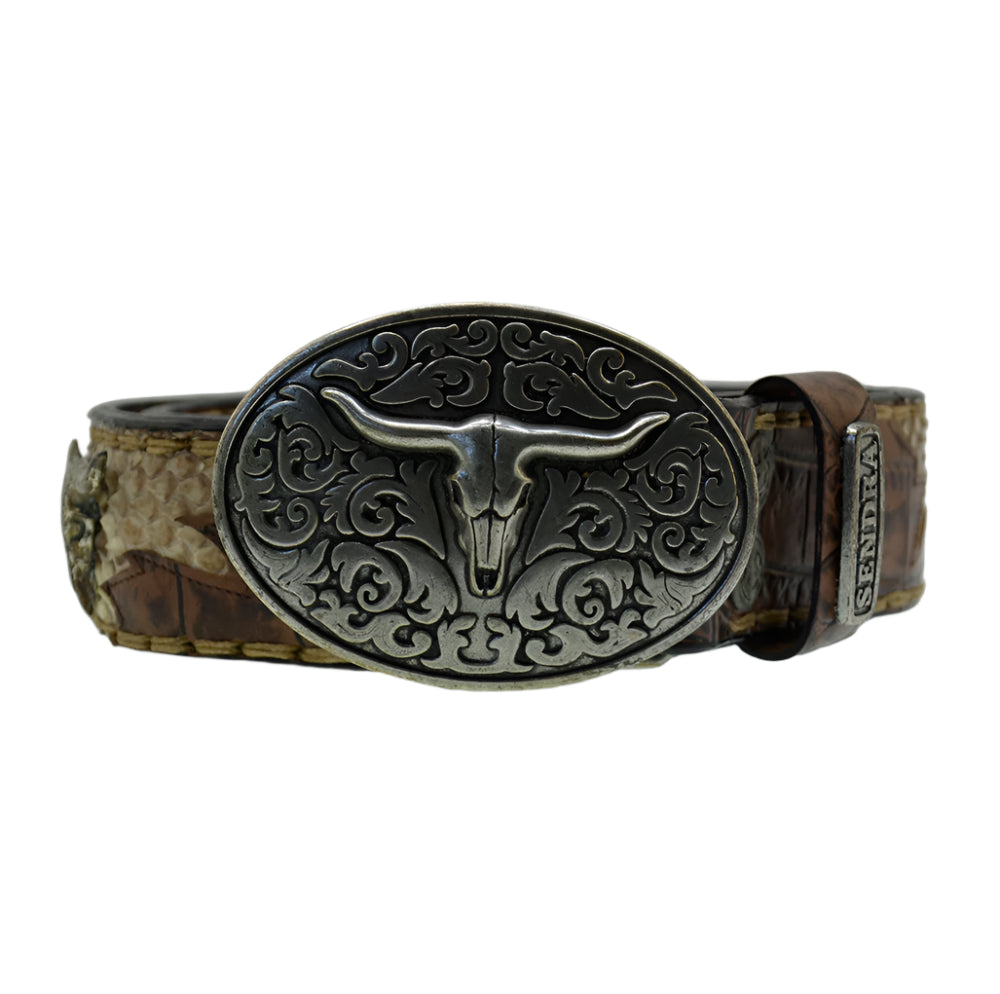 Men's Belt Sendra 512 Print Crocodile Brown Leather Natural Python Skin Toro Buckle