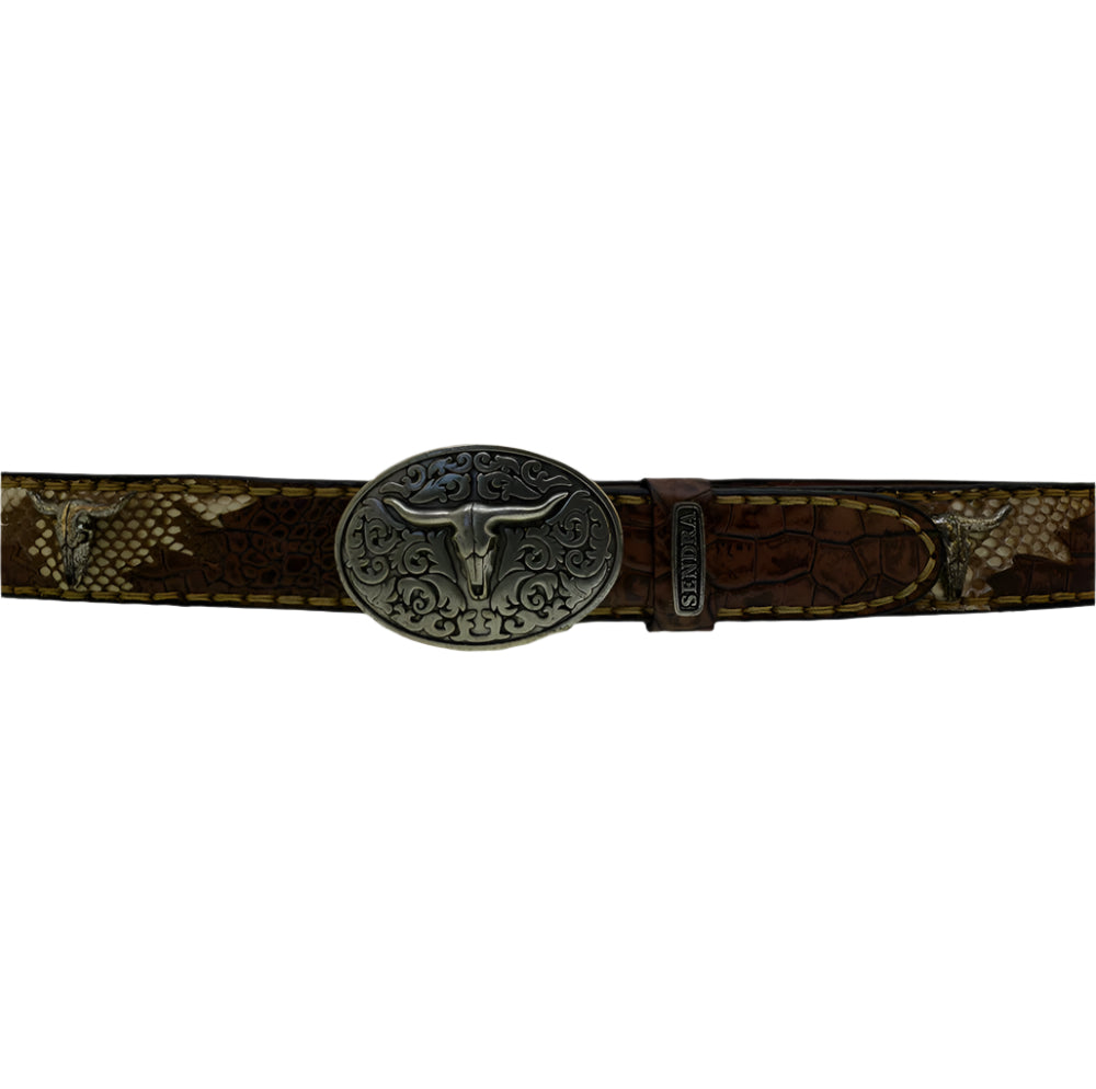 Men's Belt Sendra 512 Print Crocodile Brown Leather Natural Python Skin Toro Buckle