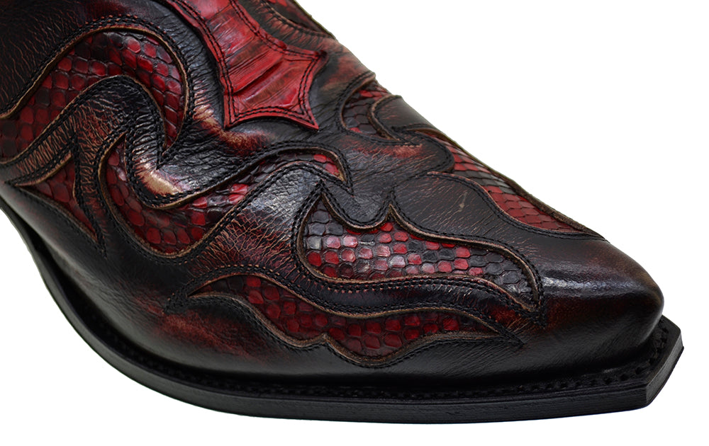 Men's Cowboy Boots Sendra 7482P Red Leather Python Skin Cuban Heel