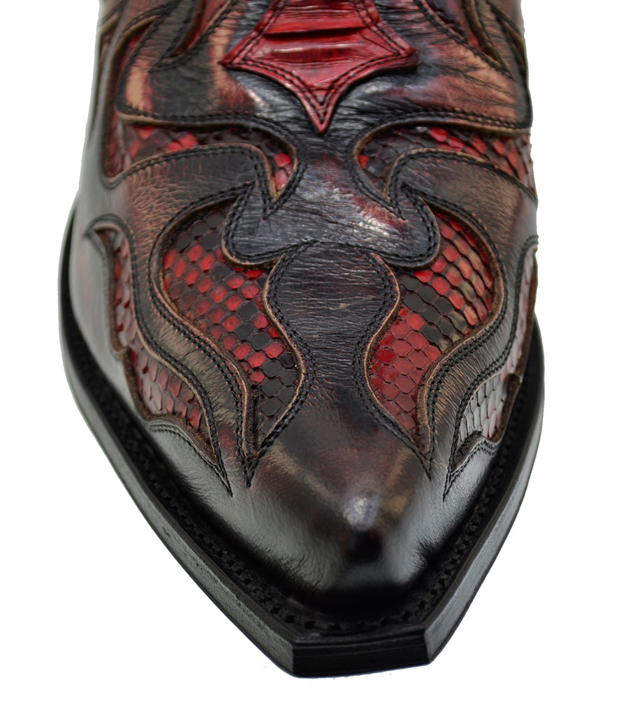 Men's Cowboy Boots Sendra 7482P Red Leather Python Skin Cuban Heel