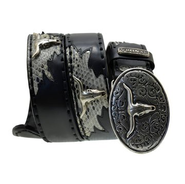 Men's Belt Sendra 512 Black Leather Natural Python Skin Toro Buckle