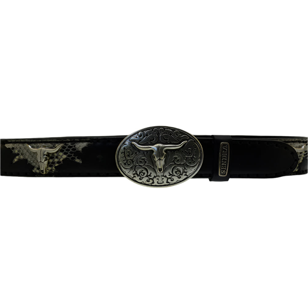 Men's Belt Sendra 512 Black Leather Natural Python Skin Toro Buckle