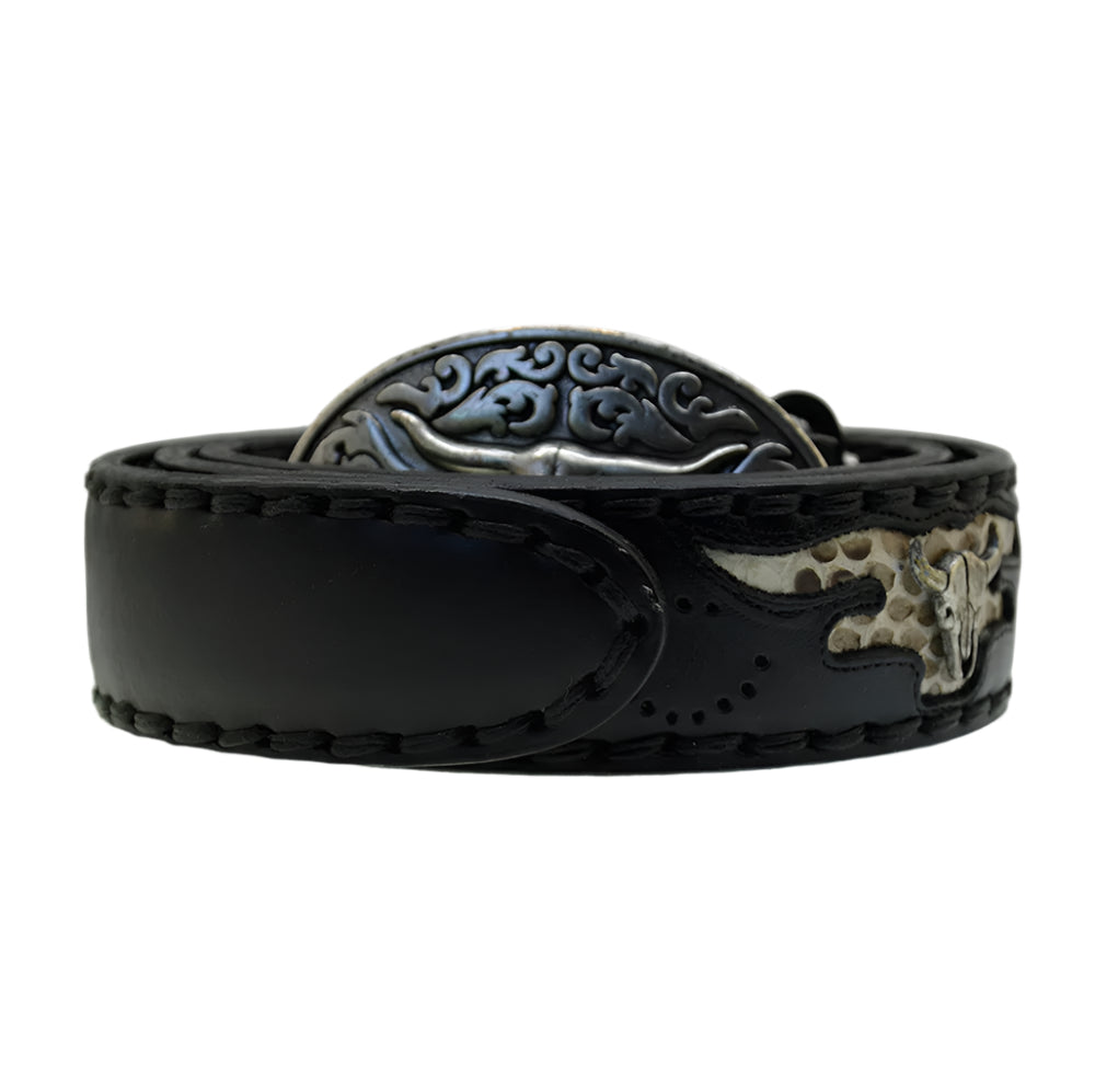 Men's Belt Sendra 8322 Black Leather Natural Python Skin Toro Buckle