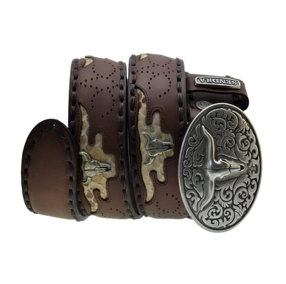 Men's Belt Sendra 8322 SP Brown Leather Python Skin Toro Buckle