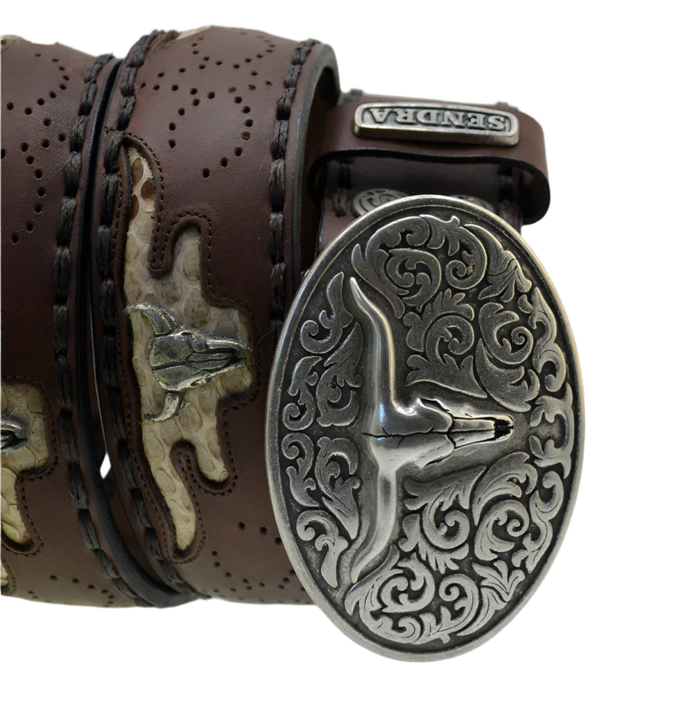 Men's Belt Sendra 8322 SP Brown Leather Python Skin Toro Buckle