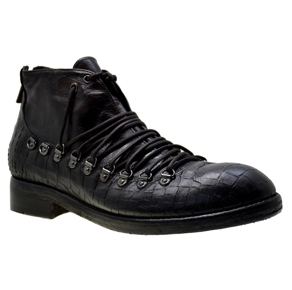 Men's Italian Shoes Jo Ghost 1357N Brown Leather Print Crocodile Hiker Boots