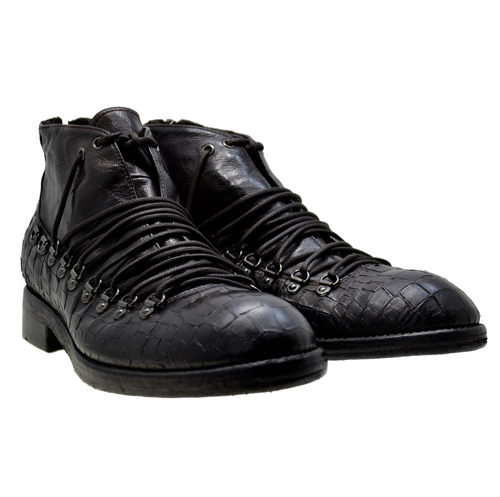 Men's Italian Shoes Jo Ghost 1357N Brown Leather Print Crocodile Hiker Boots