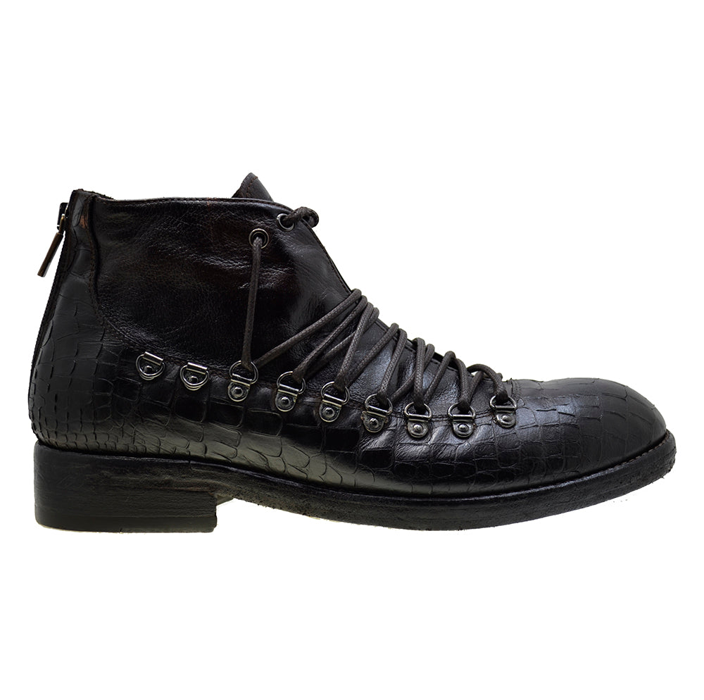 Men's Italian Shoes Jo Ghost 1357N Brown Leather Print Crocodile Hiker Boots