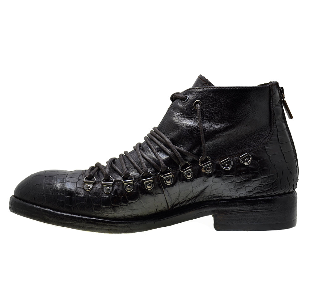 Men's Italian Shoes Jo Ghost 1357N Brown Leather Print Crocodile Hiker Boots
