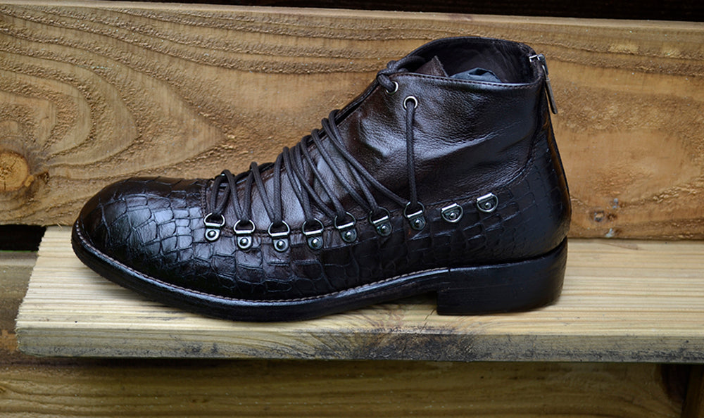 Men's Italian Shoes Jo Ghost 1357N Brown Leather Print Crocodile Hiker Boots