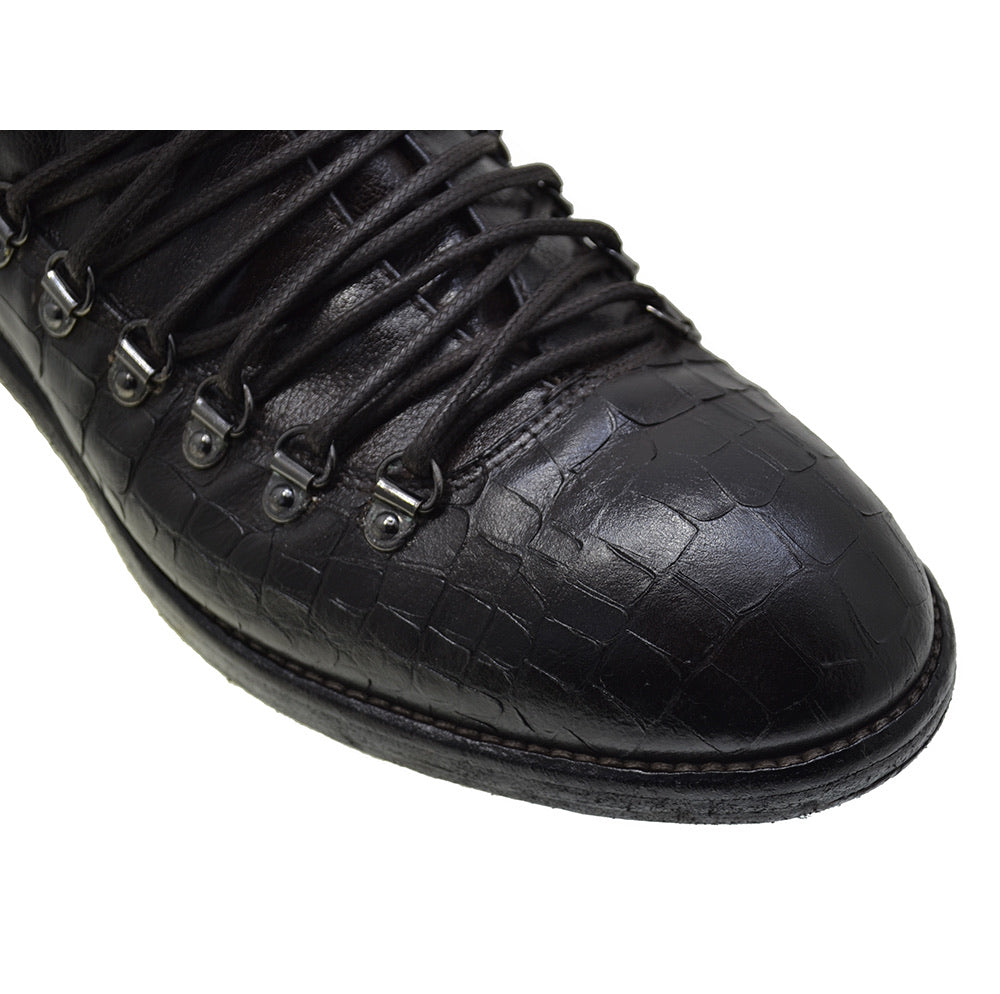 Men's Italian Shoes Jo Ghost 1357N Brown Leather Print Crocodile Hiker Boots