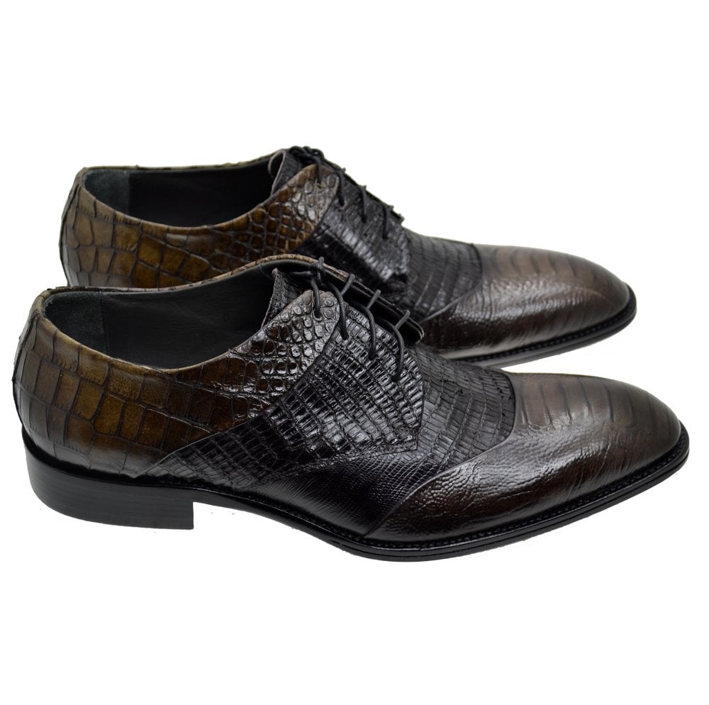 Italian Men's Shoes Jo Ghost 1631 Brown Leather Print Crocodile Formal Lace up Shoes