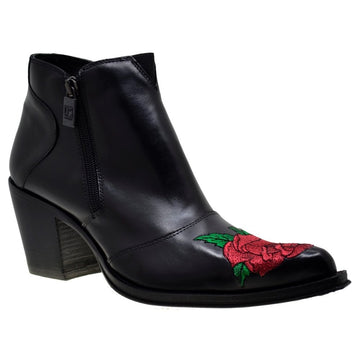 Italian Women's Shoes Jo Ghost 1805 Black Leather Embroidery Red Rose Formal Ankle Boots