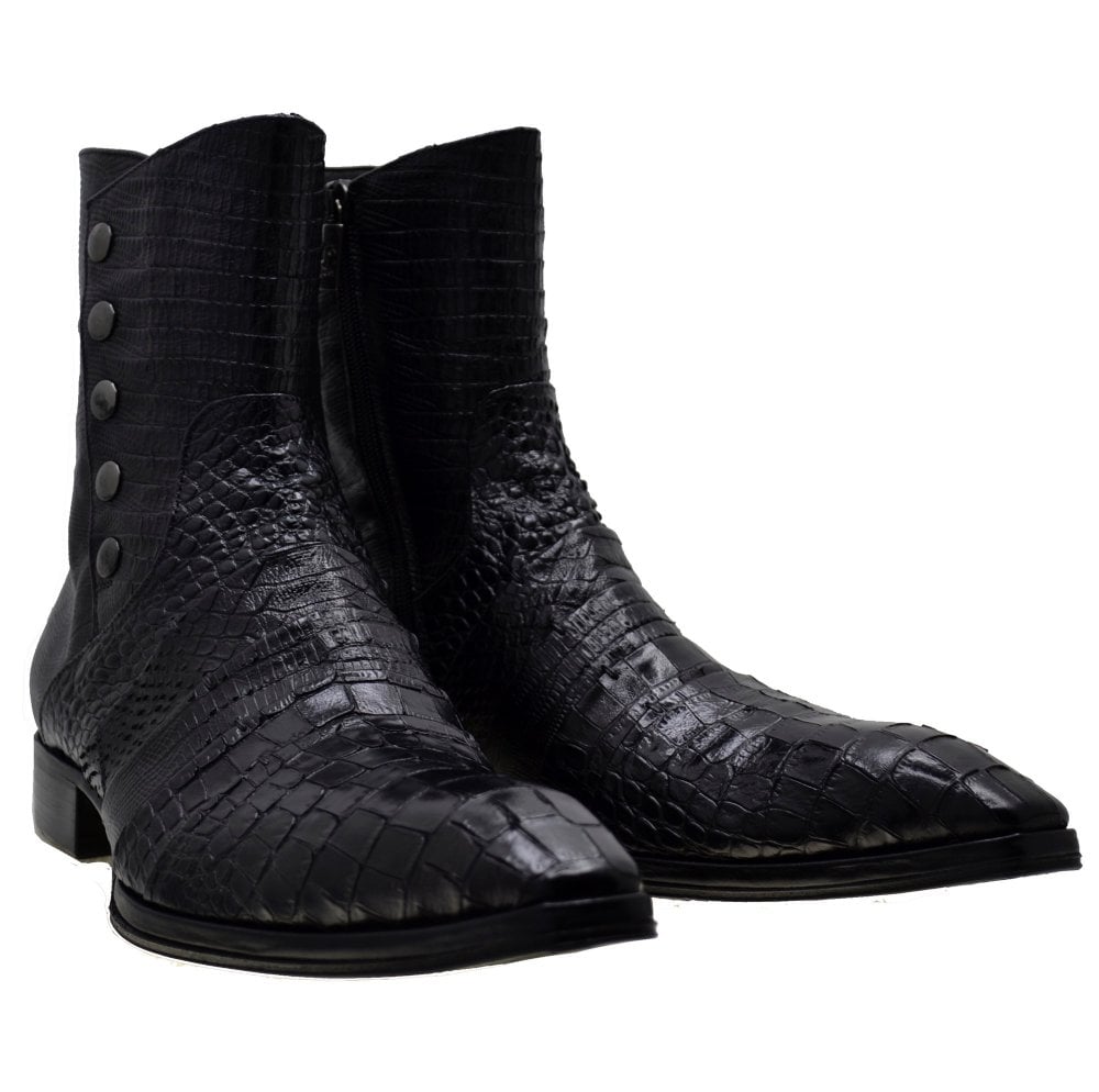 Italian Men's Shoes Jo Ghost 1833 Black Leather Print Crocodile Dress Ankle Boots