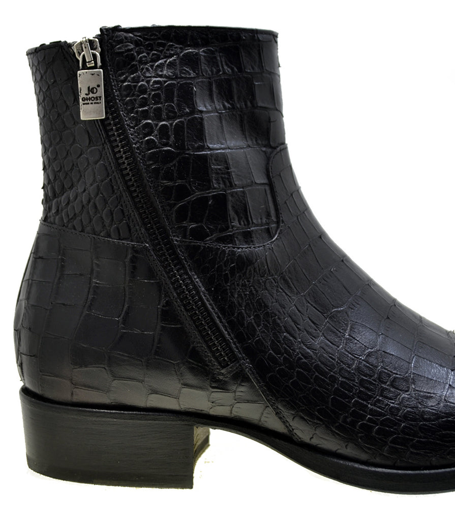 Men's Italian Shoes Jo Ghost 2039 Black Leather Print Crocodile Ankle Boots