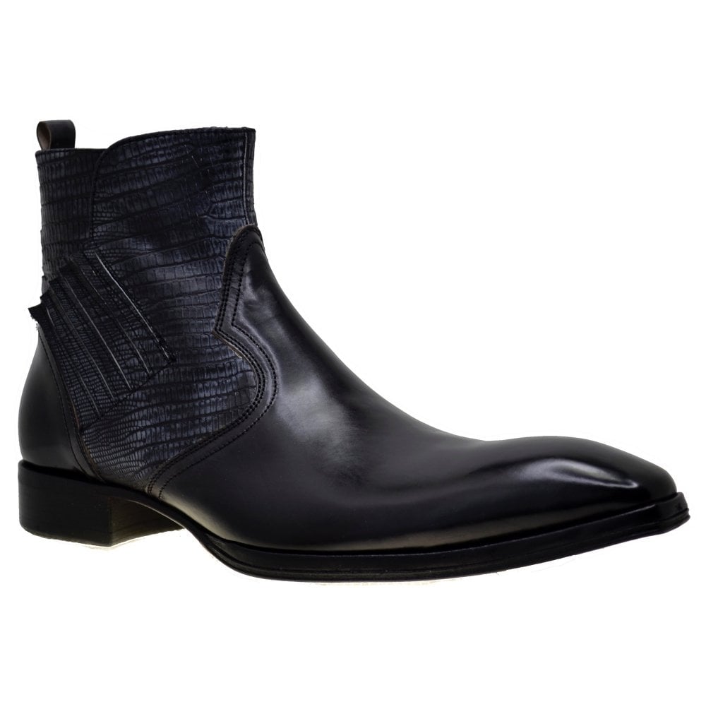Italian Men's Shoes Jo Ghost 2128 Black Leather Print Lizard Ankle Boots