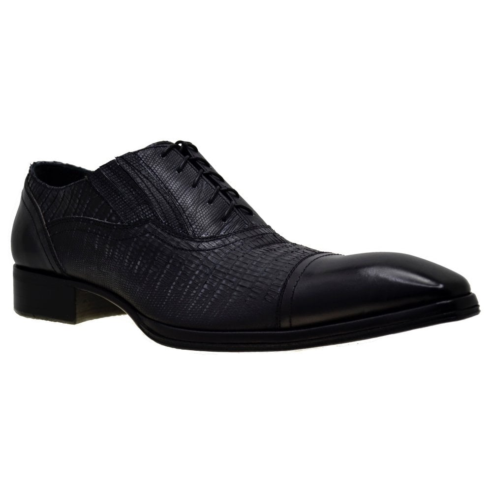Men's Italian Shoes Jo Ghost 2130 Black Leather Print Lizard Dress Shoes