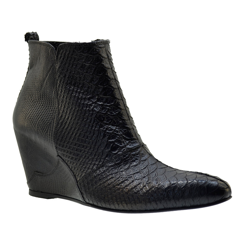 Women's Italian Shoes Jo Ghost 2311 Black Leather Print Python Wedge Boots