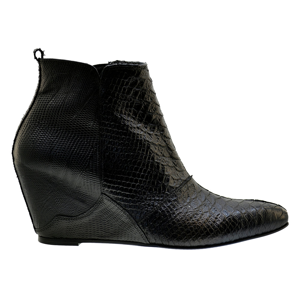 Women's Italian Shoes Jo Ghost 2311 Black Leather Print Python Wedge Boots