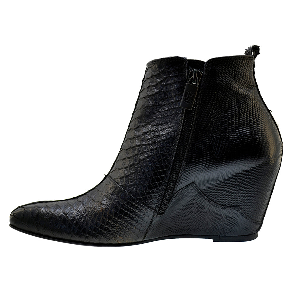 Italian Women's Shoes Jo Ghost 2311 Black Leather Print Python Formal Wedge Ankle Boots