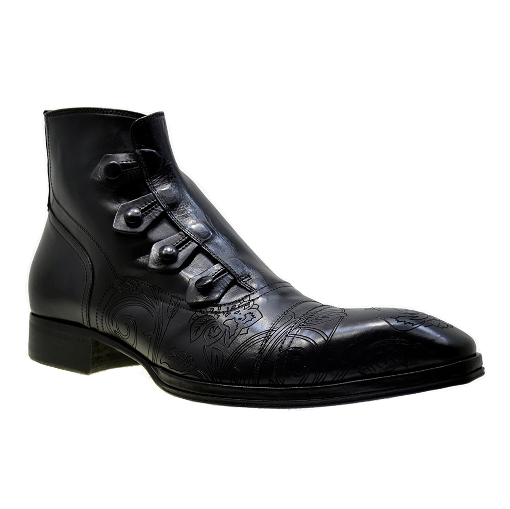 Italian Men's Shoes Jo Ghost 2379 Black Leather Print Embroidery Dress Ankle Boots