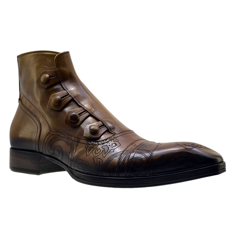 Men's Italian Shoes Jo Ghost 2379 Brown Leather Embroidery Dress Ankle Boots