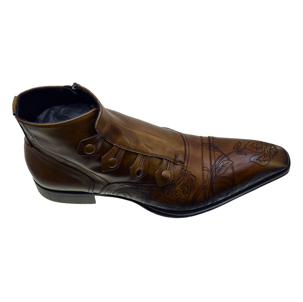 Men's Italian Shoes Jo Ghost 2379 Brown Leather Embroidery Dress Ankle Boots