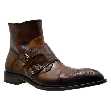 Italian Men's Shoes Jo Ghost 2994 Brown Calf Skin Leather Brass Buckle Print Embroidery Formal Ankle Monk Boots
